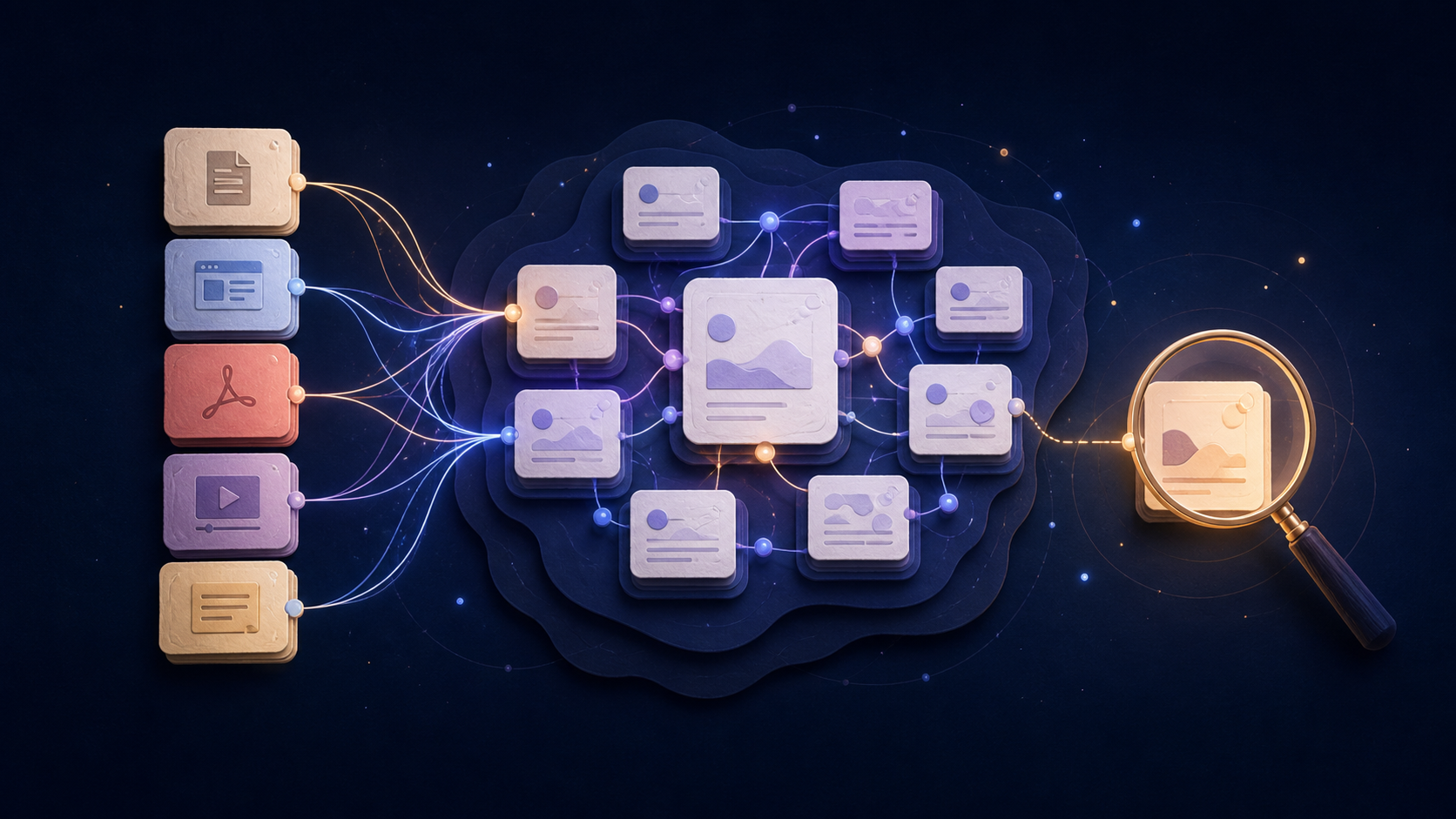 Illustration of source cards flowing into a connected LLM Wiki knowledge map with a source-verification lens