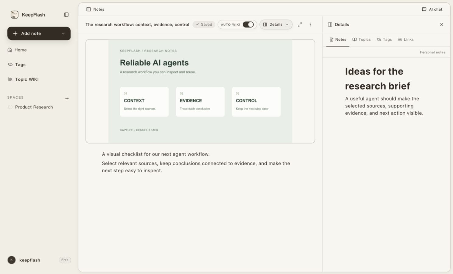 KeepFlash image note showing an original Context, Evidence, Control research diagram beside personal notes