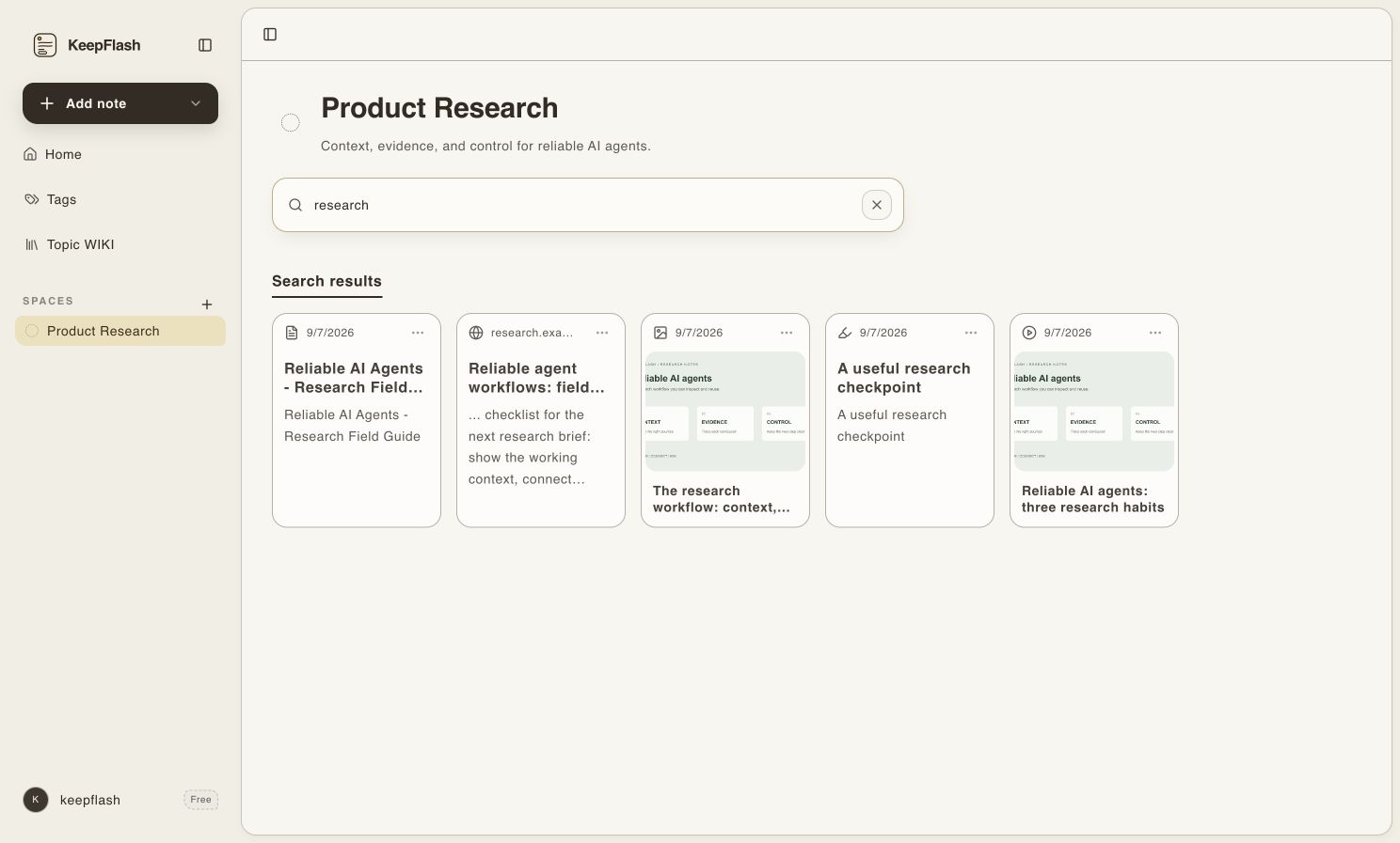 KeepFlash 的 Product Research 空间展示五条匹配的研究资料,以及左侧空间导航