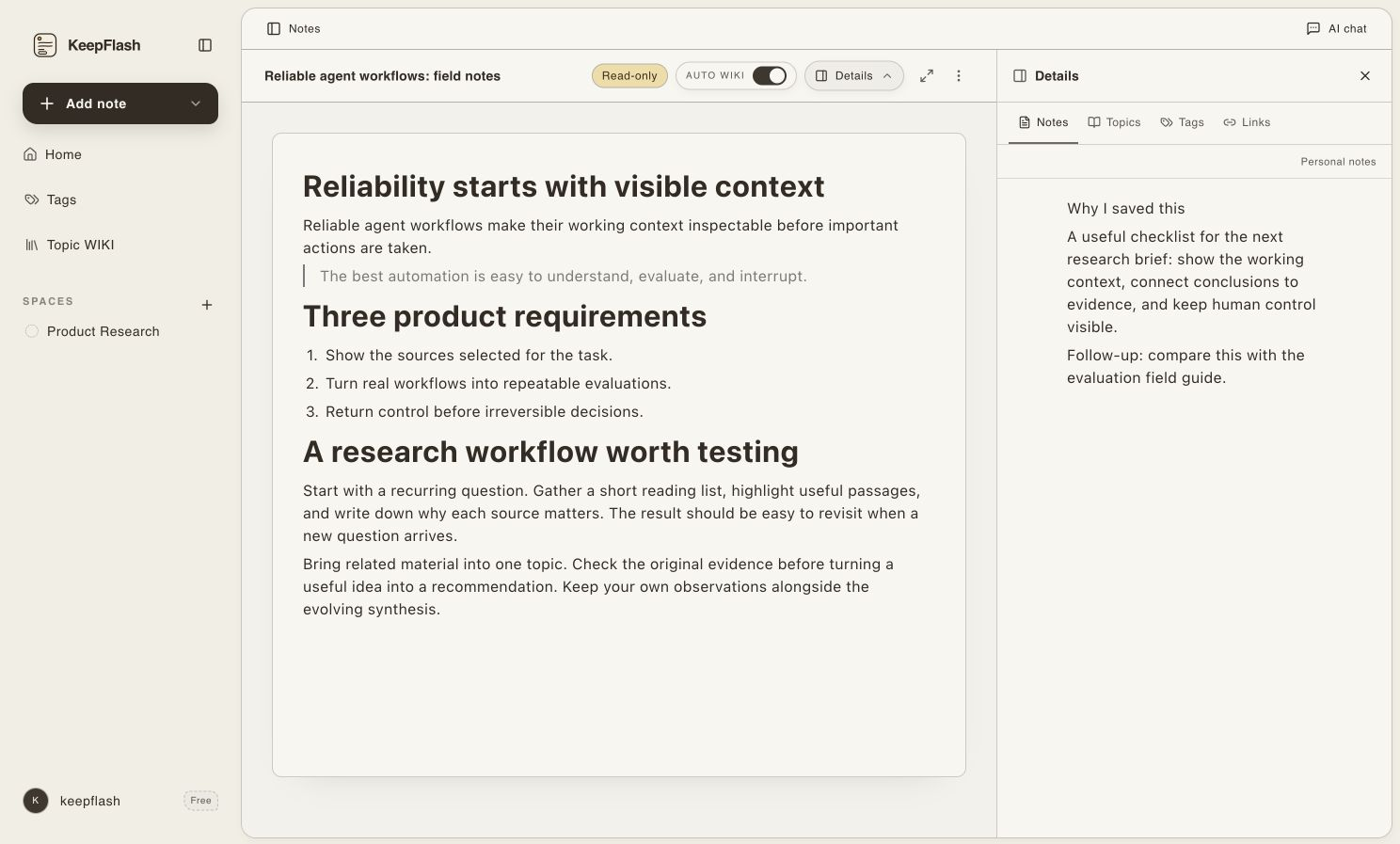 KeepFlash saved English research article with its original link and personal notes in the Details panel