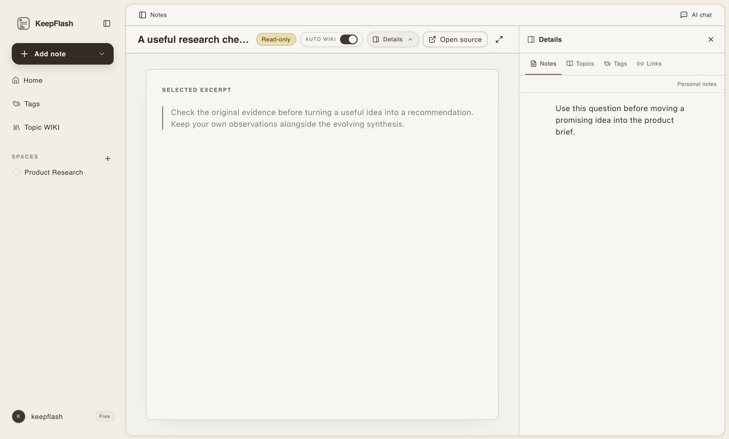 KeepFlash excerpt note A useful research checkpoint with its source link and separate personal notes