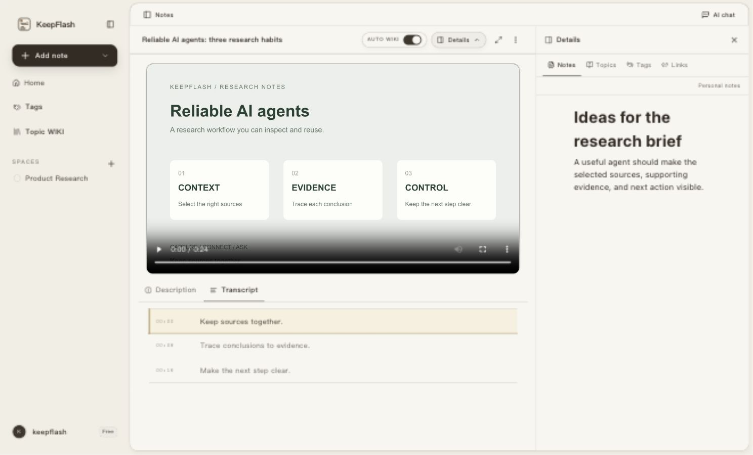 KeepFlash video note showing a 24-second research video, three timestamped transcript entries, and personal notes